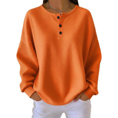Ins Waffle Long-sleeved T-shirt Solid Color Buttons Round Neck Pullover Top Clothing
