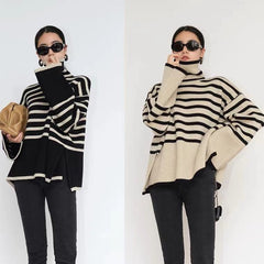 Striped Turtleneck Sweater Casual Loose Slit Design Sweater Tops Womens Clothing