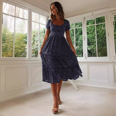 Square Collar Short Sleeve Dress Puff Floral Printed Dress Long Dresses