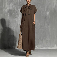 V-neck Lace-up Short-sleeve Solid-color Loose Casual Dress