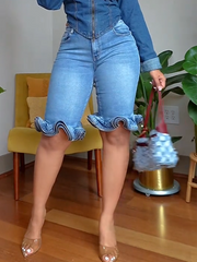 High Waisted Wave Ruffle Hem Slim Denim Shorts