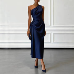 Womens Satin Pleated Waist-cinching Dress