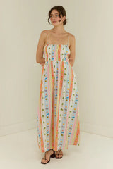 High-waisted Cotton-linen Printed Camisole Casual Dress