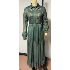 Fall Maxi Dress For Bohemian Retro Floral Print Sheer Sleeve Long Flowy Shirt Dress, Belt Not Included