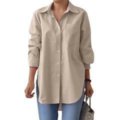 Solid-color Split-neck Long-sleeve Shirt