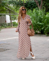 Geometric Printed V-neck Long Dress Long Sleeve Slit Dresses For Women