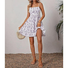 Womens Floral Print Smocked Mini Dress Sleeveless Spaghetti Strap Slim Fit Flowy Dresses