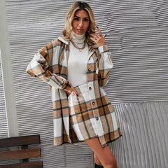 Casual Woolen Plaid Coat Skirt Suit