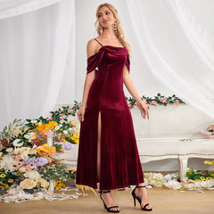 Velvet Off-shoulder Spaghetti Straps Temperament Wild Dress