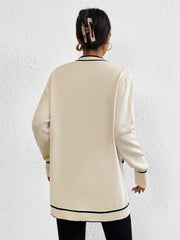 Striped Trim Dual Pocket Cardigan Long Sleeve Tops