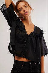 Lace-trimmed Collar Loose-fitting Pleated Top For Women
