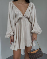 V-Neck Lantern Sleeve Dress �Loose Fit Long Sleeve Casual Dress