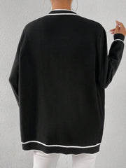 Striped Trim Dual Pocket Cardigan Long Sleeve Tops