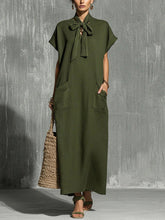 V-neck Lace-up Short-sleeve Solid-color Loose Casual Dress