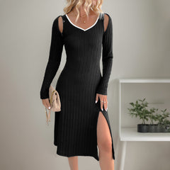 Elegant Style Detachable Long Sleeve V-neck Black Knitted Dress