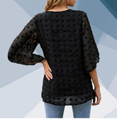 V-neck Three-quarter Sleeves Dotted Chiffon Shirt Blouse Women