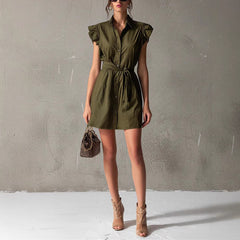 Dropped-shoulder Sleeve Polo-neck Lace-up Dress