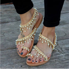 Sandals Flat Pearl Comfortable String Bead Slippers