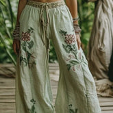 Vintage-style Hemp Sand-washed Casual Long Pants With Wide Legs