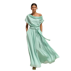 Short-sleeve Pleated Chiffon Waist-cinching Dress