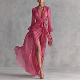 Casual Court-Style V-Neck Lace-Up Puff-Sleeve Dress