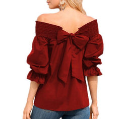 Off Shoulder Tops Spring Strapless Blouse Bowknot Slash Neck Shirts Casual Loose Blusas Plus Size