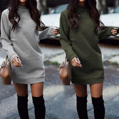 Sweater dress round neck solid color long-sleeved dress