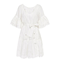 Embroidered Cotton Breathable White Resort Dress