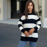 Round Neck Long Sleeve Knitted Black And White Stripes Contrast Color Wool Tops Women