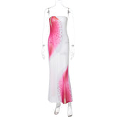 Floral Print Tube Top Slit Bodycon Mesh Dress For Women