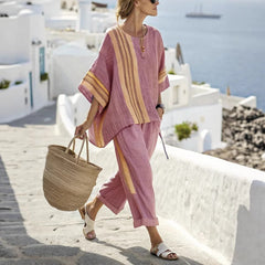 Striped Suits Loose Batwing Sleeve T-shirt And Solid Straight-leg Pants