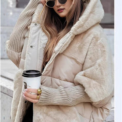 Loose Cotton Coat Faux Fur Patchwork Coat Comfort Chic Long Sleeve Hooded Jacket