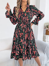 Casual Floral Print Bell Sleeve Tie Waist A-Line Dress