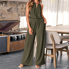 Hollow-out Halter Top And Wide-leg Pants Casual Cotton-Linen Set