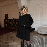 Solid Color Round Neck Sweater Pleated Skirt Suit Skirt