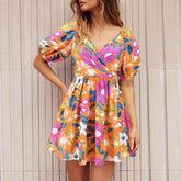 Flowers Print V-Neck Lantern-sleeve Dress Y2K Vacation Beach Short Dresses Womens Clothing