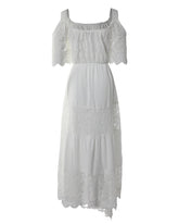 Casual Off-the-shoulder Lace Stitching Cotton And Linen Tied Dress