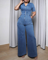 Casual Short Sleeve Loose Straight Leg Demin Jumpsuits with Pockets