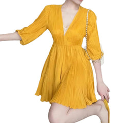 Solid-color V-neck Dress For Spring And Summer