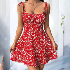 Womens Floral Mini Dress Spaghetti Strap Sleeveless Tie Shoulder Ruffle Boho Dresses