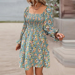 All-match Beach Print Square Collar High Waist Casual Dress