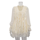 Ruffled Tied Dress V-neck Long Sleeve A- Line Dress