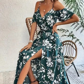 Flower Print Split Suspender Dress With Lace-up Design Long Dresses Beach Clothing For Women