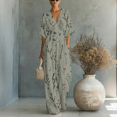 Waist-cinched V-neck Printed Womens Jumpsuit