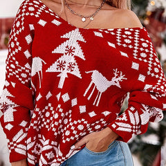 Backless Off-shoulder Christmas Snowflake Pattern Long-sleeved Sweater