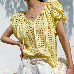 Vacation Style Embroidered Top Short Sleeve French Style Design