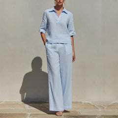 Solid-Colored Casual Linen Two-Piece Set