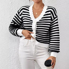 Knitted Cardigan Colorblock Sweater Coat Rainbow Striped Lantern Sleeve