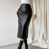 Commuter French Sheath PU Leather Skirt And Black Slit Straight Skirt