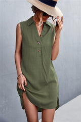 Button Sleeveless Vest Split Cotton Linen Dress Women